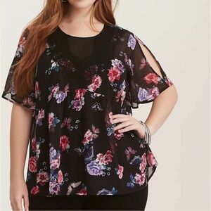 Torrid Floral Chiffon Lace Trim Blouse